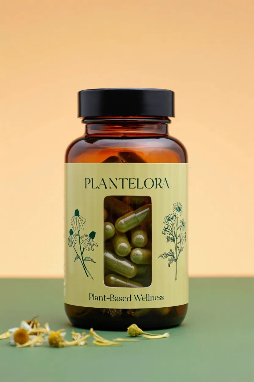 Plantelora plant-based supplement bottle with natural botanical design